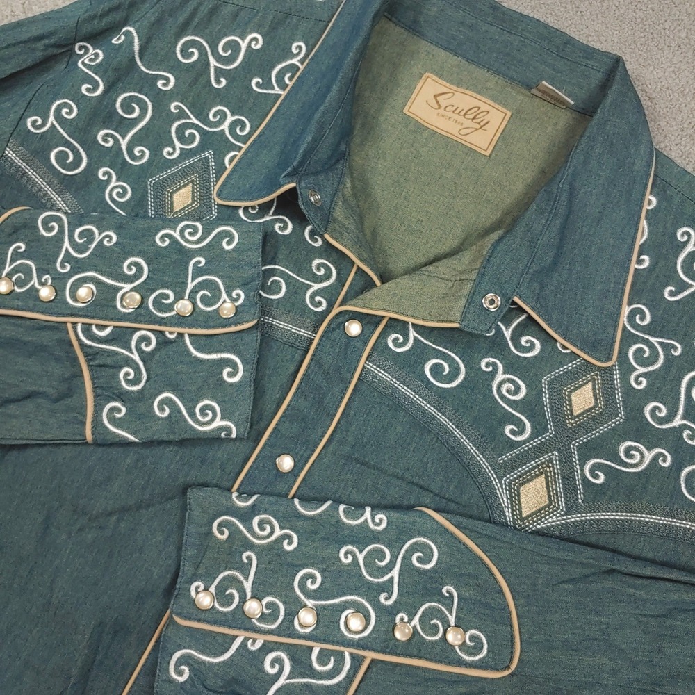 Scully P-901 Western Shirt - XXL Blue Denim Embroidered - Pearl Snap Long Sleeve